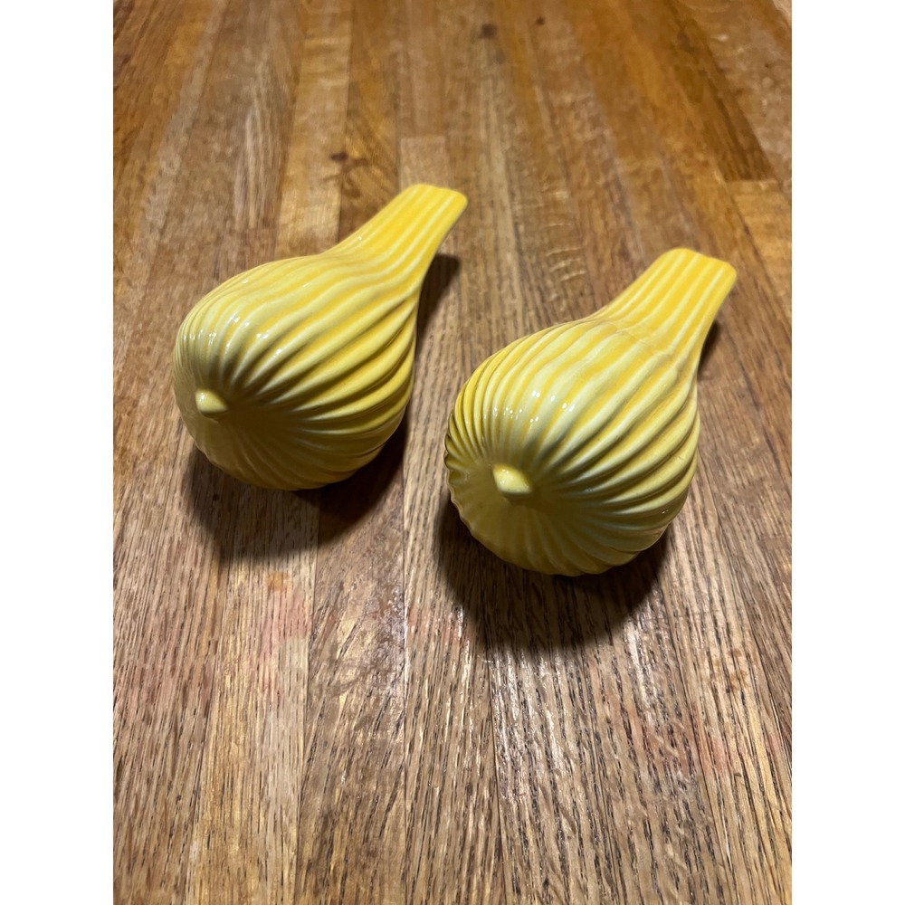 Yellow Ribbed Ceramic Bird Gourd Shape Mid Century Style